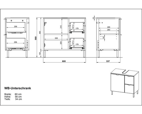 Technische Zeichnung Waschbeckenunterschrank mit Maßangaben