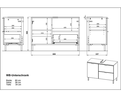 Technische Zeichnung eines Waschbeckenunterschranks mit Maßangaben