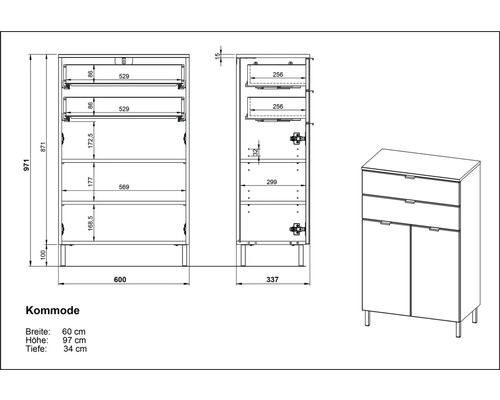 Technische Zeichnung einer Kommode mit Schubladen und Türen inklusive Maßangaben.
