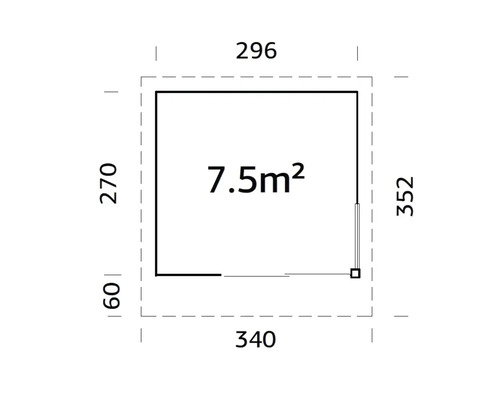 Grundrisszeichnung mit Maßen und Flächenangabe 7,5 Quadratmeter