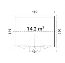 Grundrisszeichnung mit Abmessungen: 450 x 376 x 330 cm, Fläche 14,2 Quadratmeter