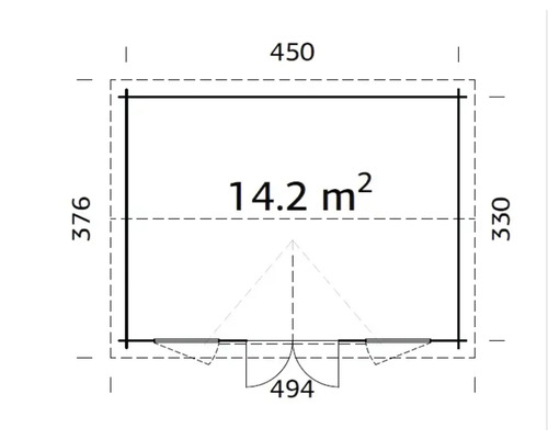 Grundrisszeichnung mit Abmessungen: 450 x 376 x 330 cm, Fläche 14,2 Quadratmeter