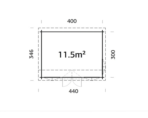 Grundrisszeichnung eines Gartenhauses mit den Maßen 400, 346, 300 und 440 Zentimeter und einer Fläche von 11,5 Quadratmetern.