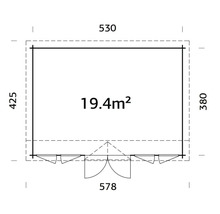 Grundrisszeichnung eines Gartenhauses mit den Maßen 530 mal 425 mal 380 Zentimeter und einer Fläche von 19,4 Quadratmetern