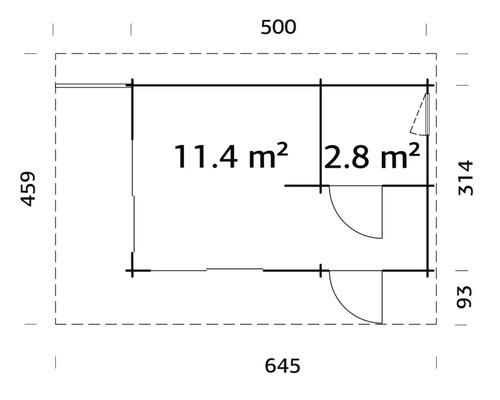 Grundrisszeichnung eines Gartenhauses mit Flächenangaben in Quadratmetern und Maßangaben in Zentimetern.
