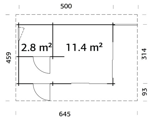 Grundrisszeichnung eines Gartenhauses mit Maßangaben zu Flächen und Abmessungen