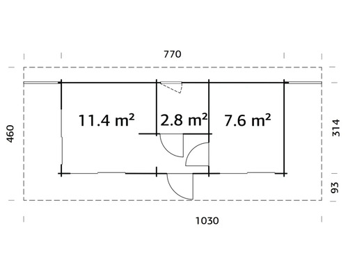 Grundriss eines Gartenhauses mit Flächenangaben in Quadratmetern und Abmessungen in Millimetern.