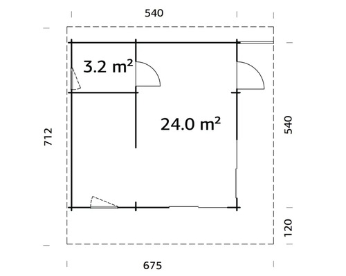 Grundriss eines Gartenhauses mit den Maßen 675 x 712 x 540 cm und einer Fläche von 24,0 m² und 3,2 m²