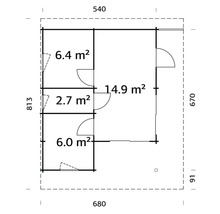 Grundriss eines Gartenhauses mit Flächenangaben in Quadratmetern.