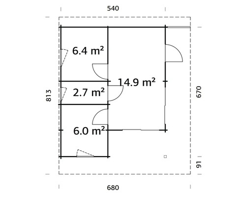 Grundriss eines Gartenhauses mit Flächenangaben in Quadratmetern.