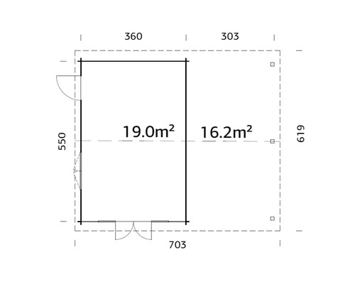 Grundriss eines Gartenhauses mit den Maßen 703 mal 619 Zentimeter und zwei Räumen von 19,0 Quadratmeter und 16,2 Quadratmeter