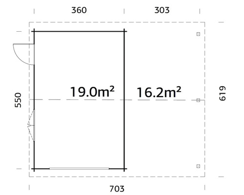 Grundrisszeichnung eines Gartenhauses mit Größenangaben in Meter