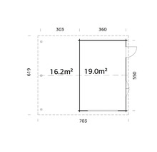 Grundrisszeichnung eines Gartenhauses mit Größenangaben