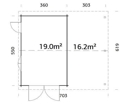 Grundrisszeichnung mit Abmessungen eines Gartenhauses
