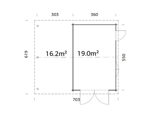Grundrisszeichnung eines Gartenhauses mit Abmessungen