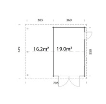 Grundrisszeichnung eines Gartenhauses mit Maßangaben