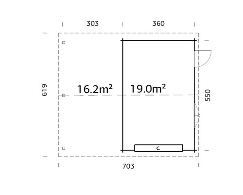 Grundrisszeichnung eines Gartenhauses mit Flächenangaben in Quadratmetern und Maßangaben in Zentimetern.