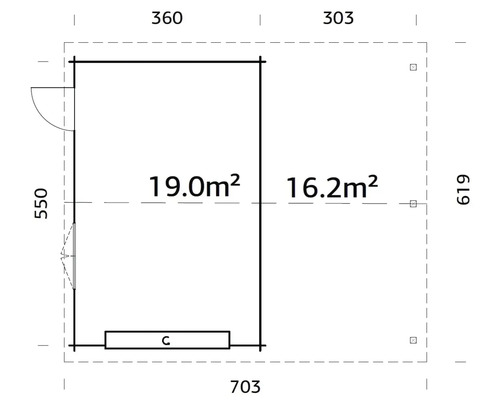 Grundrisszeichnung eines Gartenhauses mit Maßangaben zu Flächen und Abmessungen