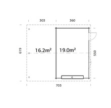 Grundrisszeichnung eines Gartenhauses mit Maßangaben