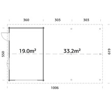 Grundrisszeichnung eines Gartenhauses mit den Maßen 1006 x 619 cm und einer Fläche von 52,2 Quadratmetern