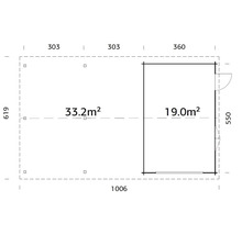 Grundriss eines Gartenhauses mit Maßen und Flächenangaben