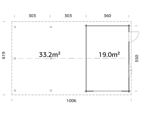 Grundriss eines Gartenhauses mit Maßen und Flächenangaben