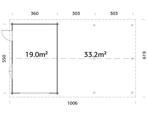 Grundrisszeichnung eines Gartenhauses mit den Maßen 1006 mal 619 Zentimeter