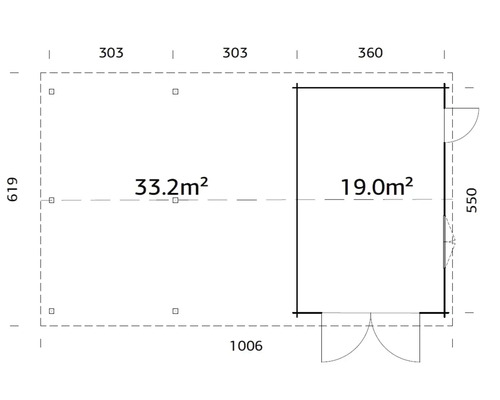 Grundriss eines Gartenhauses mit Abmessungen und Flächenangaben