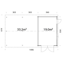 Grundriss eines Gartenhauses mit den Maßen 1006 mal 619 Zentimeter und einer Fläche von 33,2 Quadratmetern plus 19 Quadratmetern