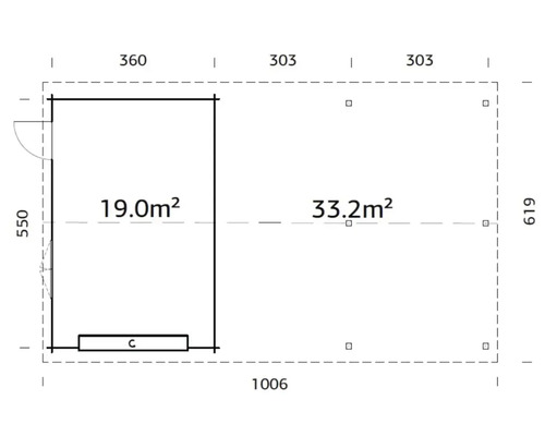 Grundrisszeichnung eines Gartenhauses mit Abmessungen