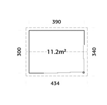 Grundrisszeichnung mit Abmessungen: 300, 340, 390, 434 und 11.2 Quadratmeter