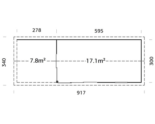 Grundriss eines Gartenhauses mit den Maßen 917 mal 340 Zentimeter.