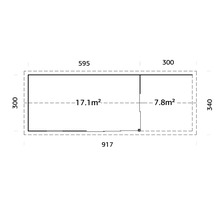 Grundriss eines Gartenhauses mit den Maßen 917 mal 340 Zentimeter.
