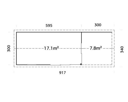 Grundrisszeichnung eines Gartenhauses mit Maßangaben