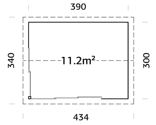 Grundriss mit Abmessungen: 390 mal 300 mal 340 mal 434, Fläche 11.2 Quadratmeter