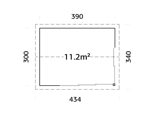 Grundriss mit den Maßen 300, 390, 340 und 434 Zentimeter und einer Fläche von 11,2 Quadratmetern