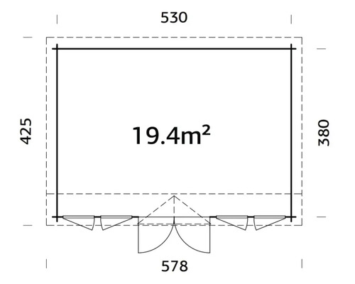 Grundrisszeichnung eines Gartenhauses mit Maßangaben: 530 x 425 x 380 Zentimeter, Fläche 19,4 Quadratmeter.