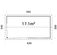 Grundriss mit Flächenangabe 17.1 Quadratmeter und den Maßen 340, 300, 595 und 639 Zentimeter.