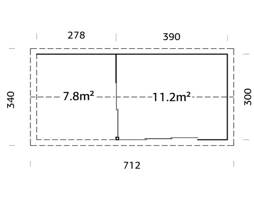 Grundriss eines Gartenhauses mit den Maßen 712 x 340 cm und einer Fläche von 19 Quadratmetern.