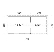 Grundrisszeichnung eines Gartenhauses mit Maßangaben