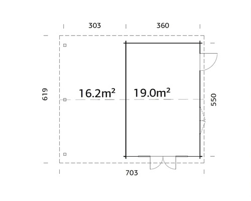 Grundriss eines Gartenhauses mit Flächenangaben in Quadratmetern und Maßangaben in Zentimetern