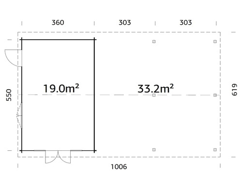 Grundriss eines Gartenhauses mit den Maßen 1006 x 619 Zentimeter und einer Fläche von 52,2 Quadratmetern