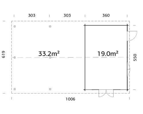 Grundriss eines Gartenhauses mit den Maßen 1006 mal 619 und einer Fläche von 33,2 Quadratmetern sowie eines angrenzenden Raumes mit 19,0 Quadratmetern