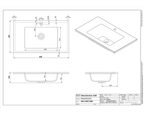 Technische Zeichnung eines Waschbeckens mit Maßangaben