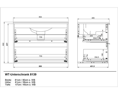 Technische Zeichnung Waschtischunterschrank mit Maßangaben