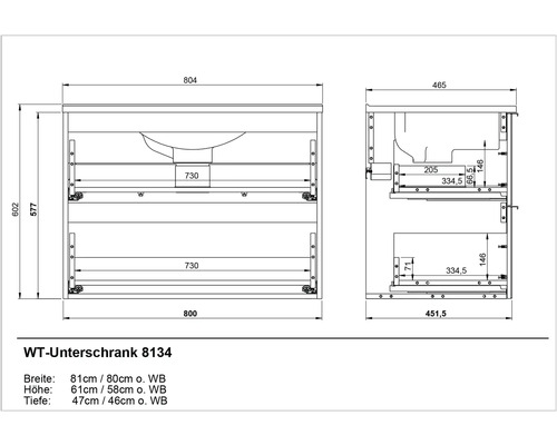 Technische Zeichnung Waschbeckenunterschrank mit Maßangaben