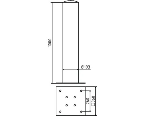 Technische Zeichnung eines Pfostens mit den Maßen 1000 Millimeter Höhe, 193 Millimeter Durchmesser und einer quadratischen Grundplatte mit 360 Millimeter Seitenlänge.