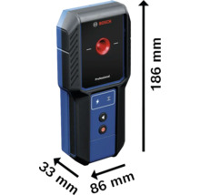 Bosch Logo. Messgerät mit den Maßen 186 x 86 x 33 Millimeter.