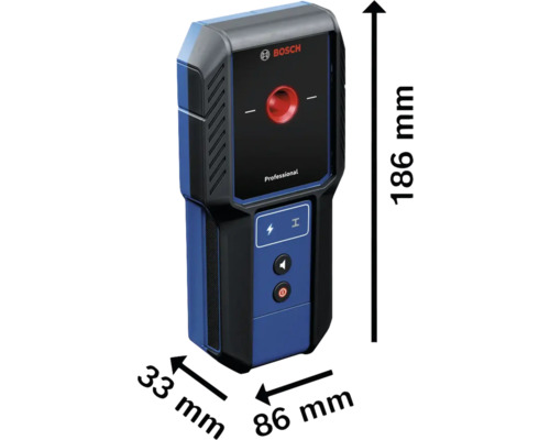 Bosch Logo. Messgerät mit den Maßen 186 x 86 x 33 Millimeter.
