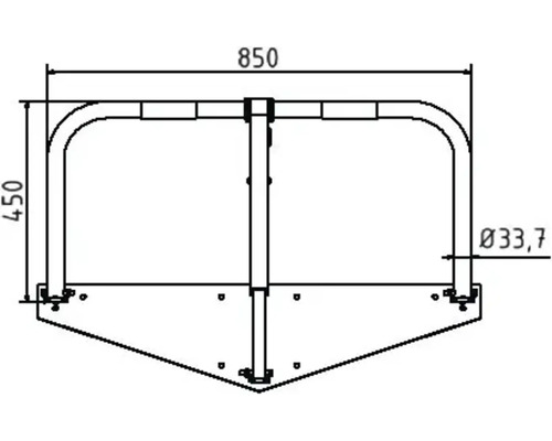 Technische Zeichnung eines Anfahrschutzes mit den Maßen 850 x 450 mm und einem Durchmesser von 33,7 mm
